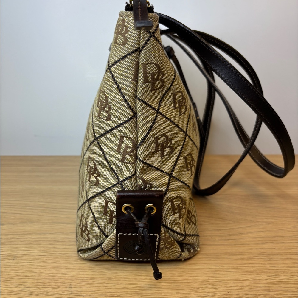 Dooney & Bourke Monogram Canvas Shoulder Bag Brown Leather Trim Tassel Beige - Picture 5 of 16